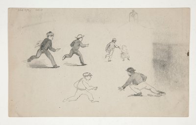Três Estudos (homens com cavalos, estudo da cabeça) (recto); Seis Estudos de Figuras de Corrida, Estudo de uma Torre do Sino (verso) de Edwin Austin Abbey