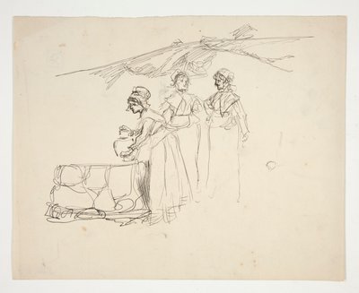 Três mulheres em uma ilustração não identificada de Edwin Austin Abbey