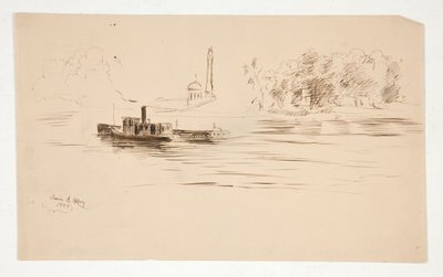 Rebocador empurrando barcaça no rio de Edwin Austin Abbey