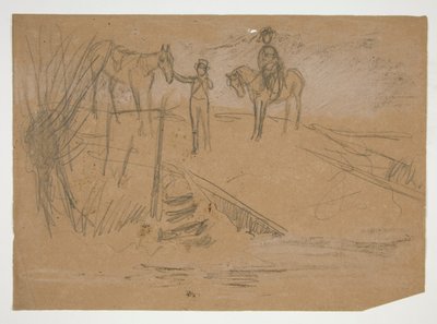 Dois homens e dois cavalos em uma paisagem - ilustração não identificada de Edwin Austin Abbey