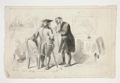 Dois homens a conversar num interior - ilustração não identificada de Edwin Austin Abbey