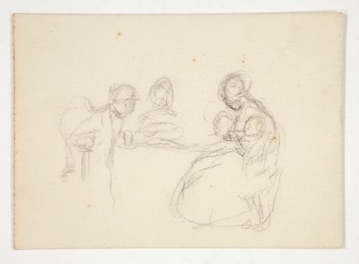Ilustração não identificada - Estudo de figuras numa tabela. Homem sentado ao contrário. de Edwin Austin Abbey