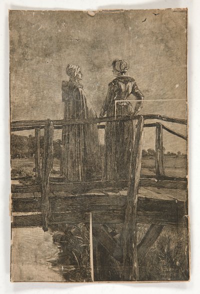 Gravura em madeira sem título por E.A. Abadia (?) de duas senhoras em uma passarela de madeira - ilustração para William Black de Edwin Austin Abbey