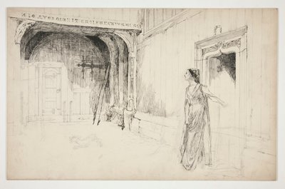 Mulher e cão num interior - (ilustração não identificada para uma peça de teatro?) de Edwin Austin Abbey
