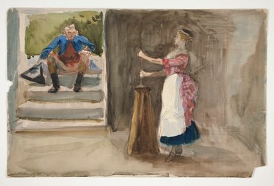 Mulher batendo manteiga, homem de vestido revolucionário assistindo - (ilustração não identificada) de Edwin Austin Abbey