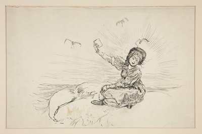 Mulher na praia segurando livro, esboço para The Lay of the Lobster de Edwin Austin Abbey