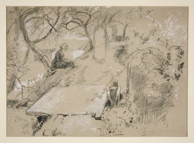 Mulher sentada no banco de um jardim ou parque público - ilustração não identificada de Edwin Austin Abbey