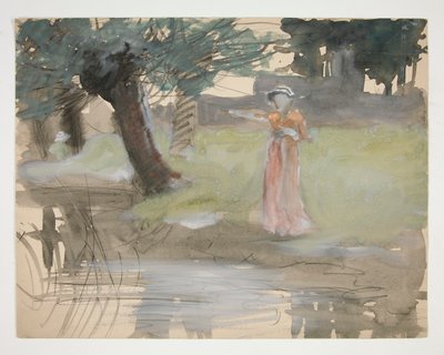 Mulher de pé à beira de um rio - ilustração não identificada de Edwin Austin Abbey