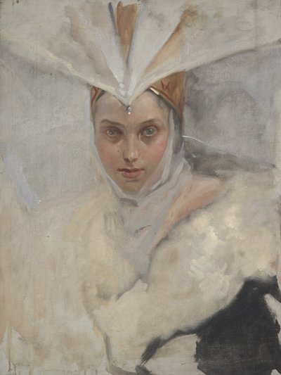 Mulher, com, osprey, headdress, e, branca, gola pele, 1897 de Edwin Austin Abbey