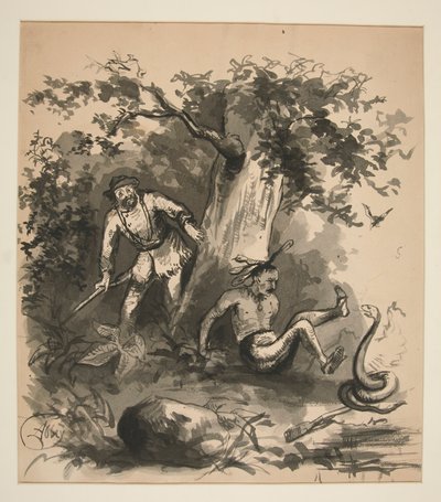 Cena florestal de um caçador, um índio, e uma cobra - ilustração não identificada de Edwin Austin Abbey