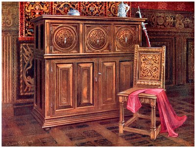 Armário de carvalho e cadeira de nogueira, 1910. de Edwin Foley