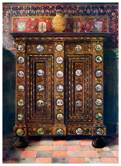 Noz kas incrustada e com medalhões pintados de louça de Delft, 1910. de Edwin Foley