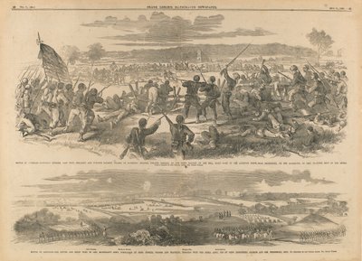 Batalha de Antietam--Divisão de Burnside, Ala Esquerda--Brilhante e Decisiva, Carga de Baioneta dos Zouaves de Hawkins, Coronel Kimball, sobre a Bateria Rebelde na Colina, Margem Direita do Riacho Antietam, perto de Sharpsburg, na Tarde de 17 de setembro-- de Edwin Forbes