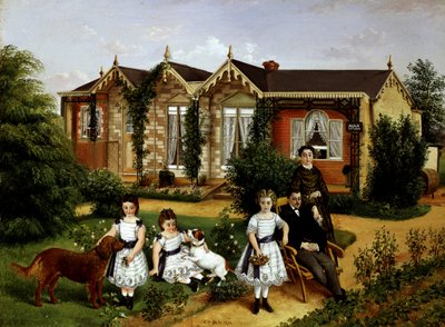 Casa de campo Alma 1874. Retrato de família num jardim em frente a uma casa de campo. Pintura de Edwin Frederick Holt (século XIX, cerca de 1910, britânico) Coleção particular de Edwin Frederick Holt