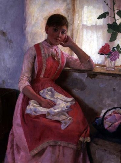 Retrato de uma menina com um avental cor-de-rosa de Edwin Harris