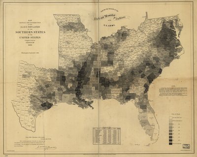 Mapa mostrando a distribuição da população escrava dos estados do sul dos Estados Unidos, compilada a partir do censo de 1860 de Edwin Hergesheimer