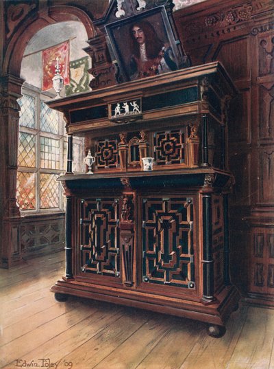 Um Gabinete de Carvalho e Noz, com Painéis e Colunas de Ébano, Incrustado com Pau-rosa e Marfim Gravado de Edwin John Foley