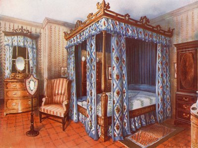 Um quarto Hepplewhite. Cama De Madeira De Cetim De Chintz-Curtained Incrustada. Armário de cetim e mogno embutidos de cetim de Edwin John Foley