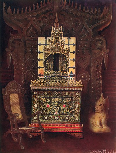 Mobília asiática da coleção de Lord Curzon de Kedleston, GCSI, DCL, etc. Porta esculpida e dourada de Burmese de Mandalay. Caixa de Manuscritos Budista (Poongyi) e Santuário (Sadaik) de Madeira E de Edwin John Foley