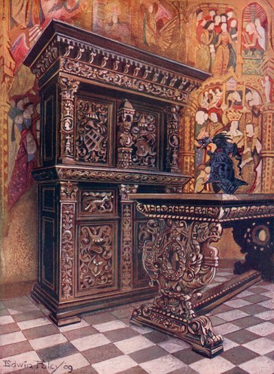 Armoire Carvalho Esculpido, tendo a cifra de Lambert Suavius de Liege. Mesa de carvalho esculpida de Edwin John Foley