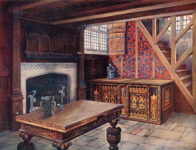 Baú Nonesuch Embutido. Esculpida mesa &39;Drawinge&39;, Shibden Hall. Chaminé esculpida em Chiddenstone. Primeiro papel de parede inglês, no Borden Hall de Edwin John Foley