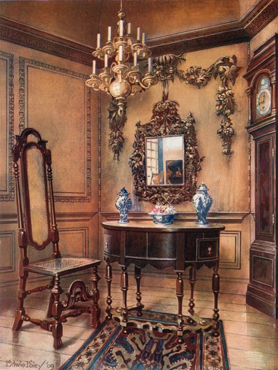 Paneling, com Grinling Gibbon Carvings. Espelho Frame, Walnut Table, William e Mary. Walnut Chair, Relógio Walnut de Charles Wesley de Edwin John Foley