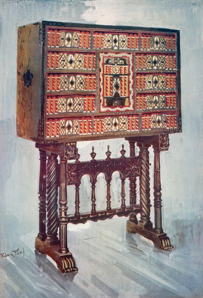 Armário Vargueno de Castanho, Marfim, etc., Pintado e Dourado com Aço Forjado e Suportes de Aço: Sobre Suporte Torcido, Virado e Esculpido de Edwin John Foley