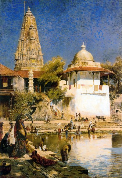 Tanque de Banganga e templo de Walkeshwar em Bombaim, década de 1890. de Edwin Lord Weeks
