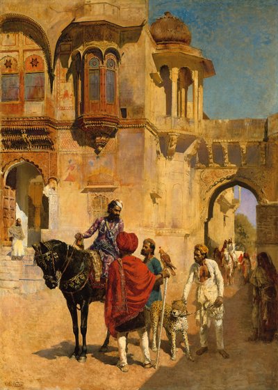 Partida para a caça no pátio de entrada do palácio de Jodhpore, c.1898-1900 de Edwin Lord Weeks
