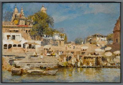 Templos e banhos de ghat em Benares, 1883-85 de Edwin Lord Weeks