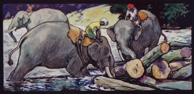 Elefantes que manipulam troncos no rio (cor litho) de Edwin Noble