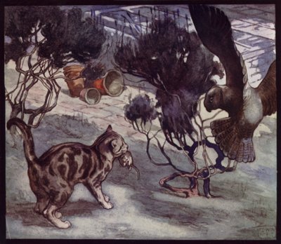 Caçadores de Ratos Rival, Gatos e Coruja (cor litho) de Edwin Noble