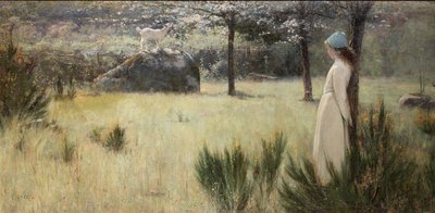 A jovem pastora e sua cabra em um pasto de primavera de Edwin Sherwood Calvert