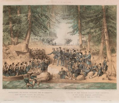 Desembarque das tropas francesas perto de Bomarsund nas Ilhas Aland, 8 de agosto de 1854 (litografia, colorida) de Edwin Thomas (after) Dolby