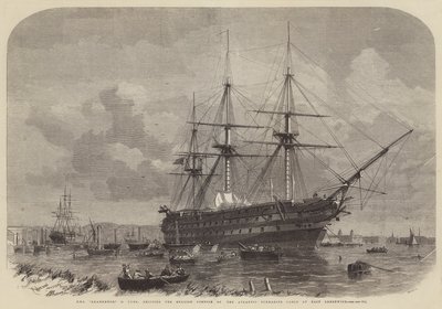 HMS Agamenon, 91 Guns, transportando a parte inglesa do cabo submarino do Atlântico em East Greenwich de Edwin Weedon