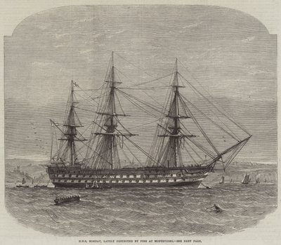 HMS Bombay, recentemente destruído pelo fogo em Montevidéu de Edwin Weedon