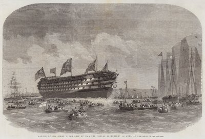 Lançamento, de, hm, parafuso, vapor, navio guerra, a, real, soberano, 131, armas, em, portsmouth de Edwin Weedon
