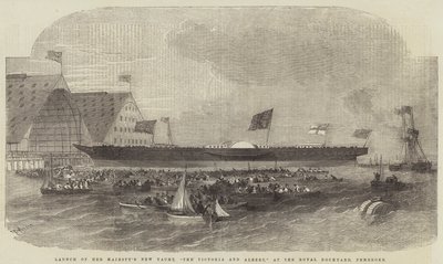 Lançamento do novo iate de sua majestade, Victoria e Albert, no Royal Dockyard, Pembroke de Edwin Weedon