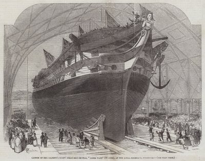 Lançamento do Steam-Ship-of-War Screw de Sua Majestade, James Watt (90 Guns), no Royal Dockyard, Pembroke de Edwin Weedon
