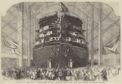 Lançamento do Royal Albert, Sua Majestade recebendo o vinho do mestre Shipwright de Edwin Weedon