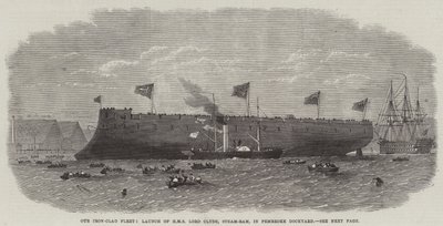 Nossa frota de ferro-Clad, lançamento do HMS Lord Clyde, Steam-Ram, em Pembroke Dockyard de Edwin Weedon