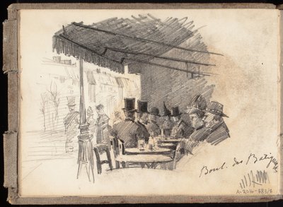 Café ao ar livre em Paris, Boulevard des Batignolles, página do caderno de esboços de Järnefelt de Eero Järnefelt