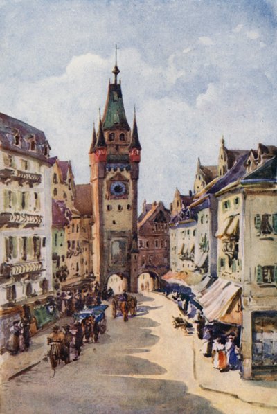 O Reno: Torre Velha, Freiburg-im-Breisgau (litografia a cores) de Effie Jardine