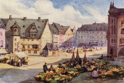 O Reno: A praça do mercado, Mainz, Mayence (litografia a cores) de Effie Jardine