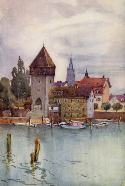O Reno: O Rheinturm, Konstanz, Constança (litografia a cores) de Effie Jardine