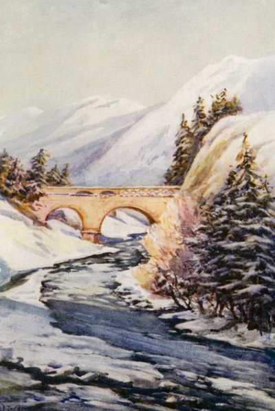 O Reno: A ponte do Reno em Thusis (litografia a cores) de Effie Jardine