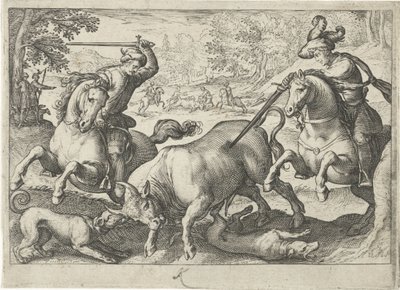 Paisagem com caça ao touro Cenas de caça (título da série) Icones Venantum Species Varias Representantes (título da série) de Egbert Jansz.