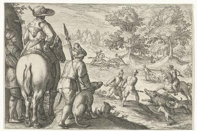 Paisagem com caça ao javali Cenas de caça (título da série) Icones Venantum Species Varias Representantes (título da série) de Egbert Jansz.