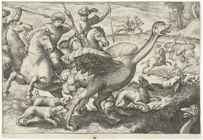 Paisagem com caça de avestruz Cenas de caça (título da série) Icones Venantum Species Varias Representantes (título da série) de Egbert Jansz.