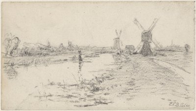 Paisagem com rio e dois moinhos de Egbert Rubertus Derk Schaap